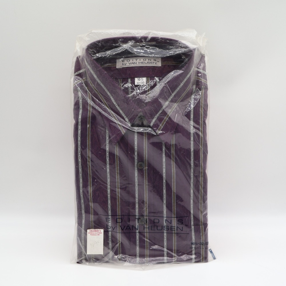Van Heusen Dress Shirt Mens 16.5 32/33 Vintage 90s Purple Striped Deadstock NIP